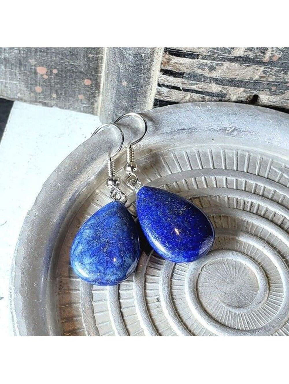 Lapis Lazuli Puffed Teardrop Handcrafted Blue Silver Gemstone Dangle Earrings